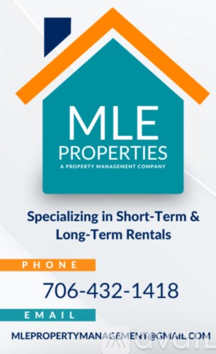 A business card for MLE Properties, a property management company specializing in short-term and long-term rentals, with contact information provided.