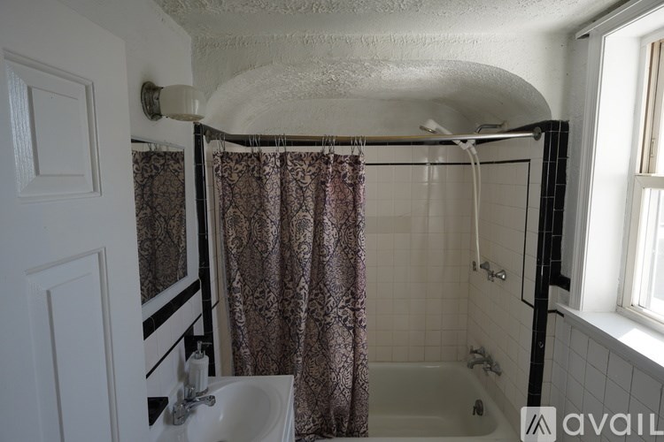 A bathroom with a white sink and a shower with a curtain.