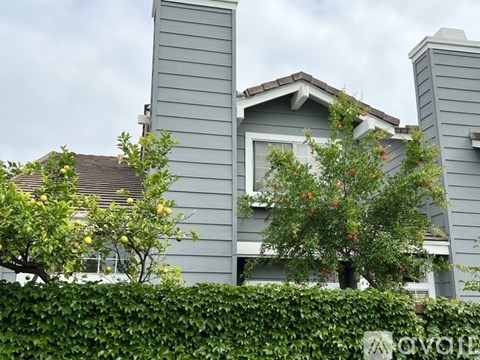 A grey house with a tree in front of it.