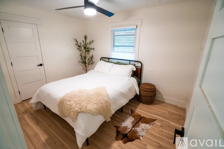 A bedroom with a bed, a ceiling fan, and a small tree.