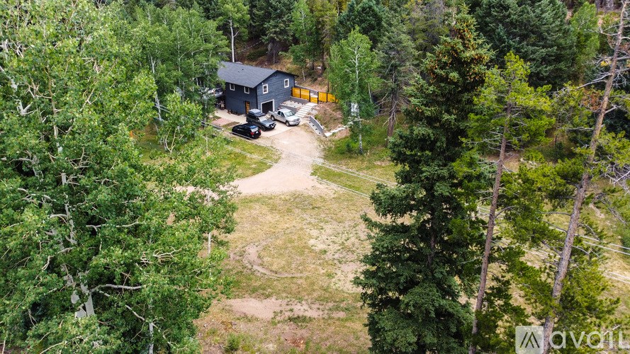 A house surrounded by trees with a car parked in front.