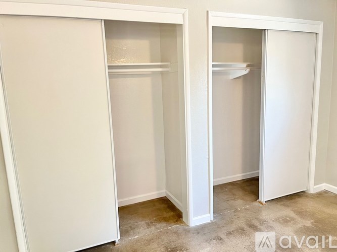 Two white closets in a room with carpeted floor.