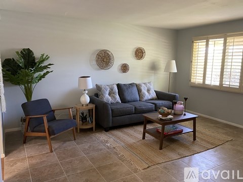 A living room with a grey couch, a wooden chair, a wooden end table with a white lamp, a wooden coffee table with a plant on it, and a plant on the left side.