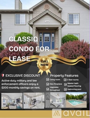 A house with a sign advertising a condo for lease with exclusive discounts and features.