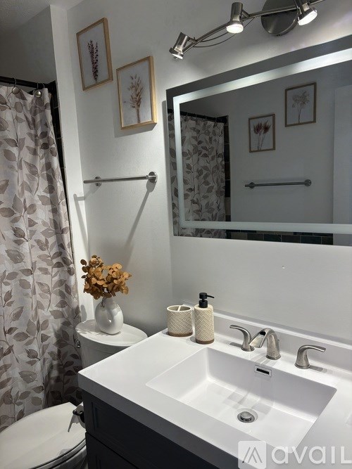 A bathroom with a white sink and a mirror.