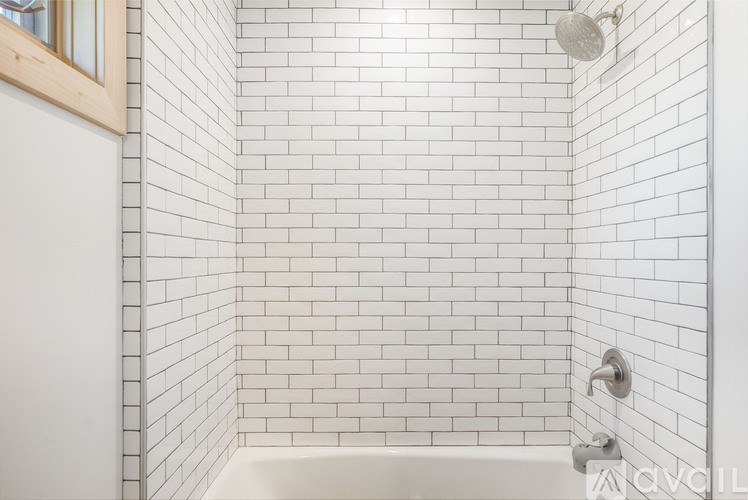 A white tiled shower with a white tub and a white door.