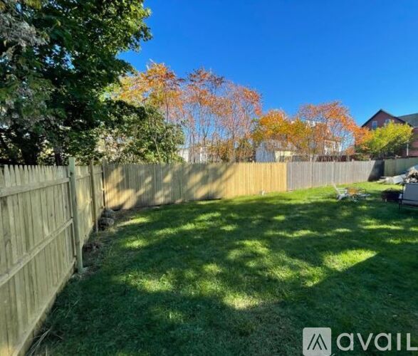 A backyard with a wooden fence and green grass.
