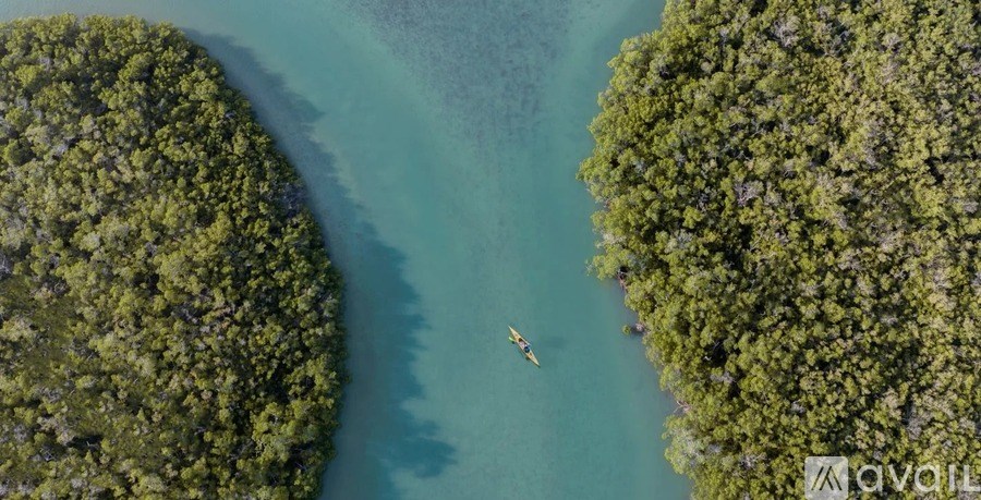 A boat is sailing between two green land masses.