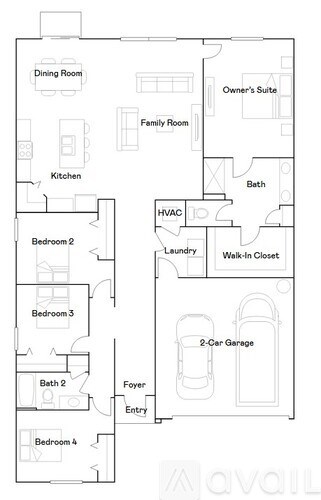 A floor plan of an apartment with a kitchen, dining room, family room, and four bedrooms.