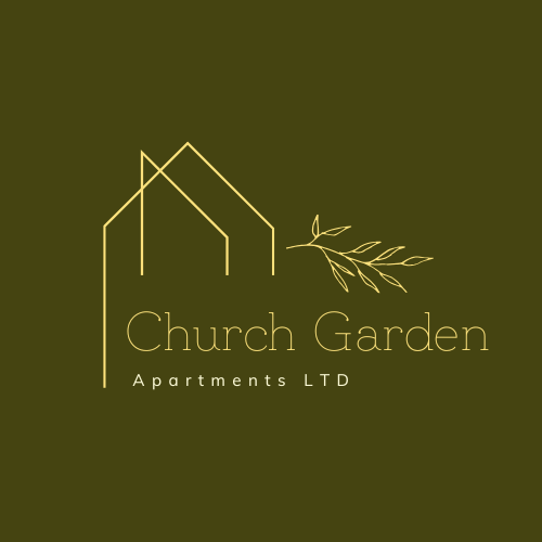 A logo for Church Garden Apartments LTD featuring a house shape and a branch.