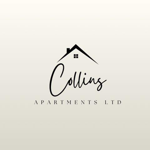 A logo for Collins Apartments LTD with a house shape above the name Collins.
