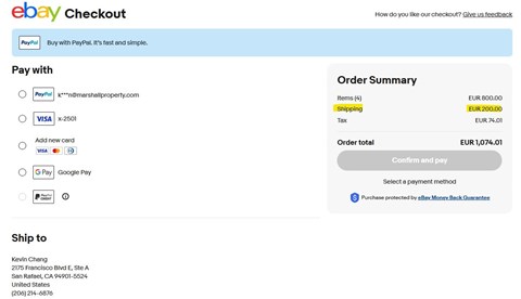 A screenshot of an eBay checkout page with various payment options and order summary details.