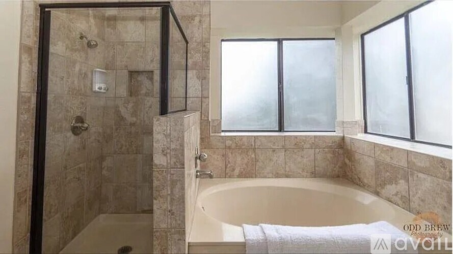A bathroom with a tub and a walk-in shower.