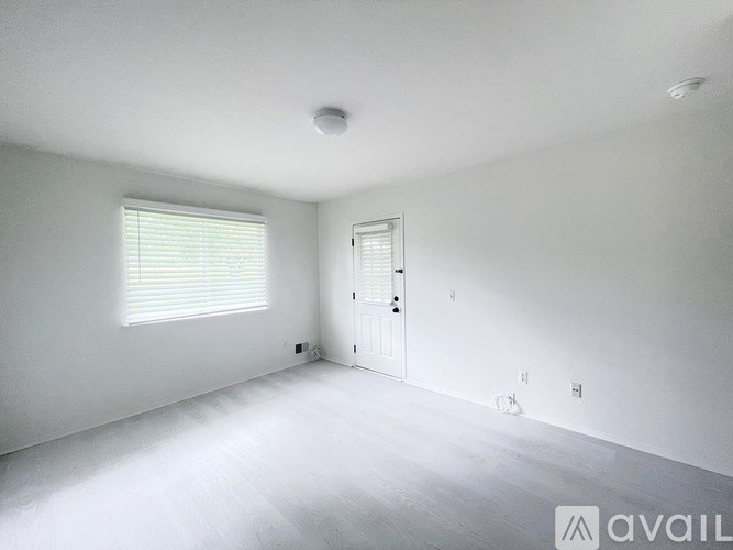 A spacious room with a door, window, and a ceiling light.