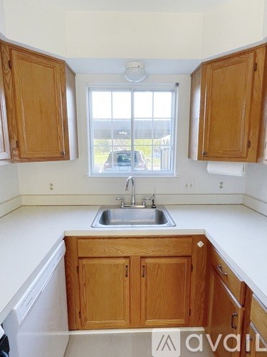 A kitchen with wooden cabinets and a window.