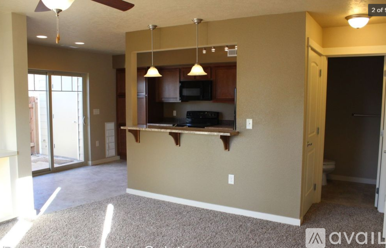 A living room with a kitchen area in the background.