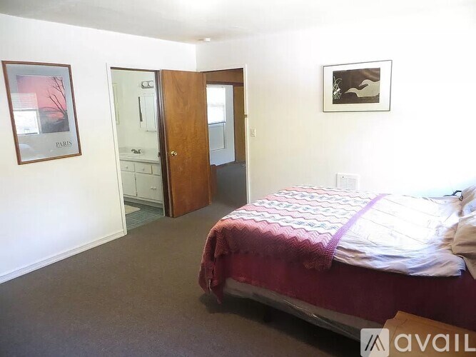 A bedroom with a bed, dresser, and mirror.