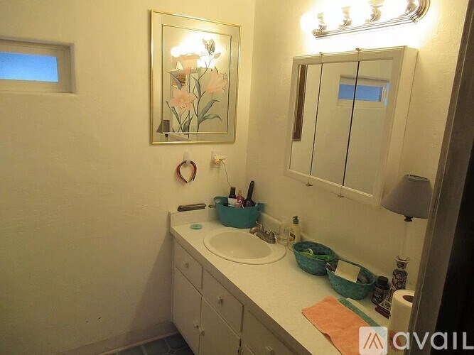 A bathroom with a sink, mirror, and a framed picture of flowers on the wall.