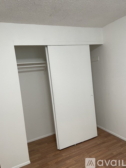 A white closet with a door open and shelves inside.