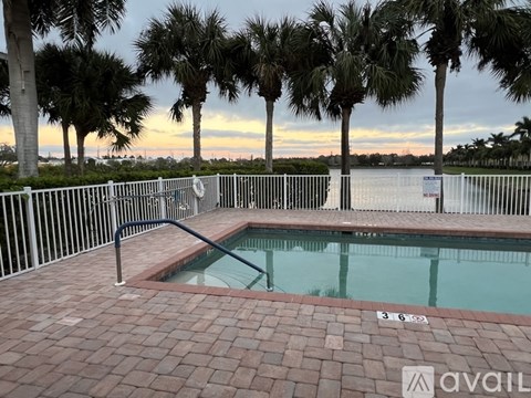 A pool surrounded by palm trees and a fence.