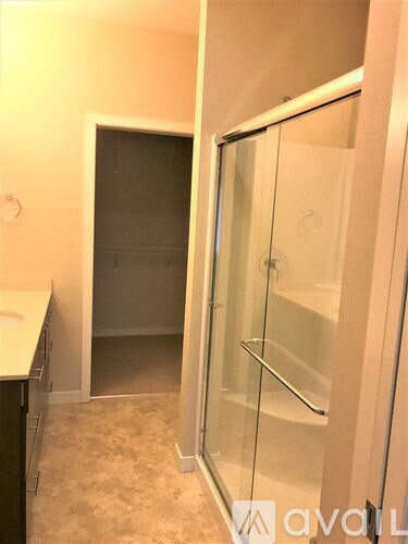 A room with a walk-in closet and a bathroom.