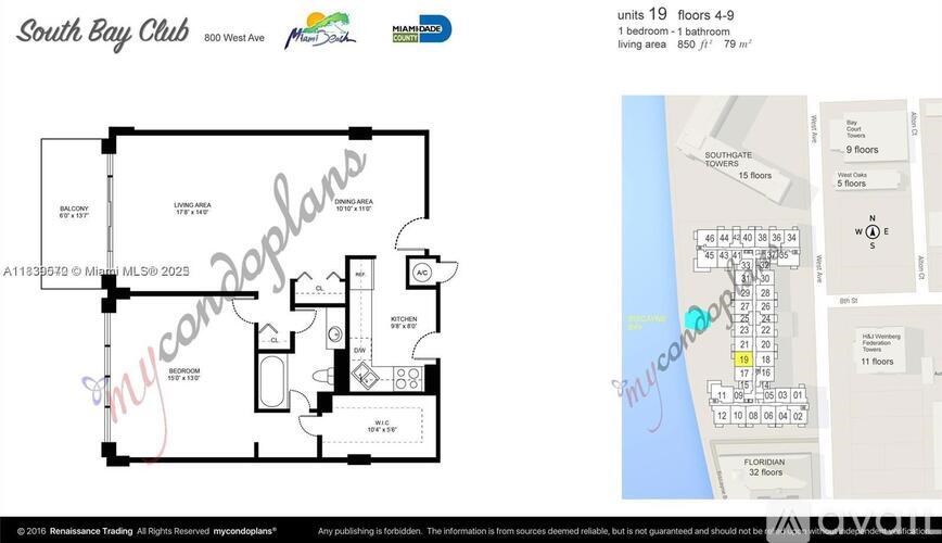 A floor plan for the South Bay Club shows the layout of 19 units with 4-9 floors each.