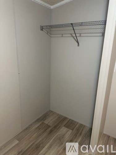 A walk-in closet with a shelf and a hanger.
