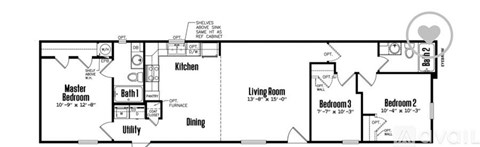 A floor plan of a house with a kitchen, living room, dining area, and three bedrooms.