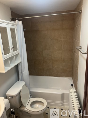 A bathroom with a toilet, tub, and cabinet.
