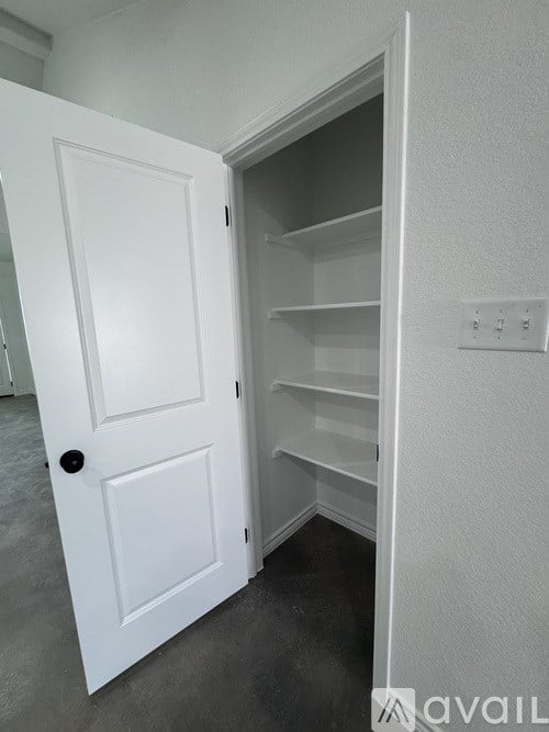 A white door is open to a small pantry with shelves.