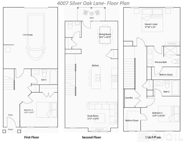 A floor plan for a 4007 Silver Oak Lane home, showing the layout of the first, second, and third floors.