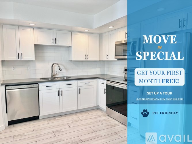 A kitchen with a promotion for a free first month.