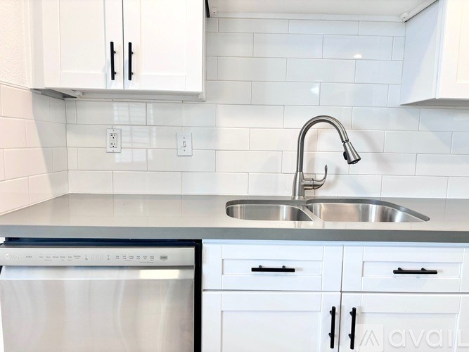 A kitchen with white cabinets and a stainless steel dishwasher.