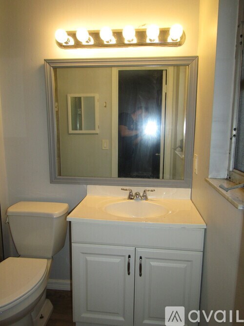A bathroom with a toilet, sink and mirror.