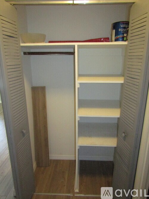 A small white closet with shelves and a door.