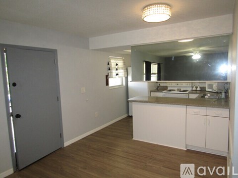 A kitchen area with white cabinets and a grey door.