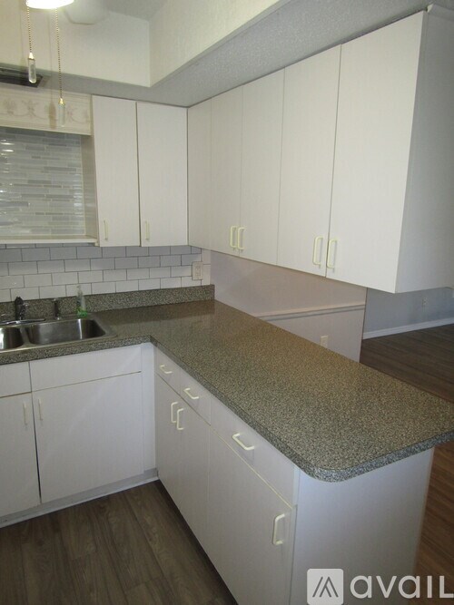 A kitchen with white cabinets and a granite countertop.