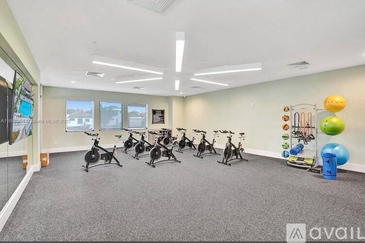 A room with exercise equipment and a wall with exercise balls.