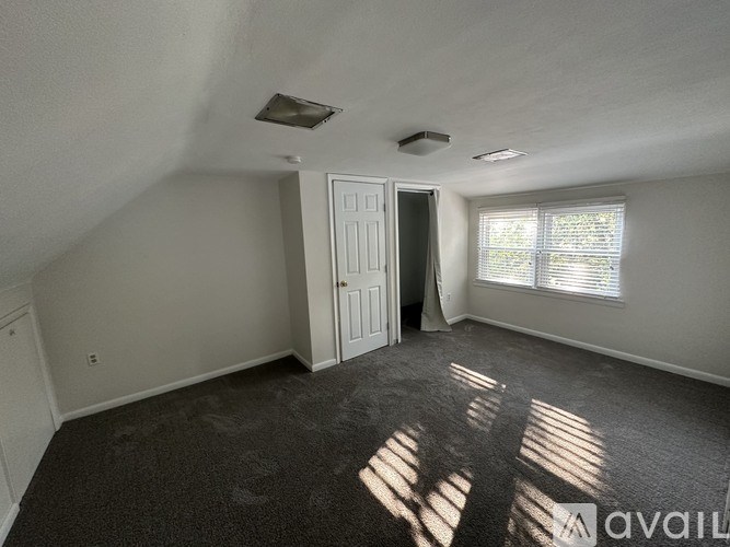 A room with a carpeted floor, a door, and a window letting in sunlight.
