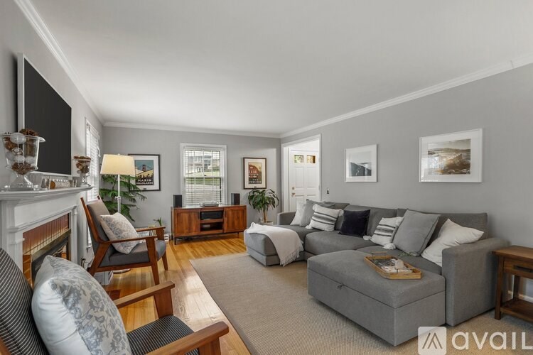 A living room with a grey couch, a fireplace, and a television.