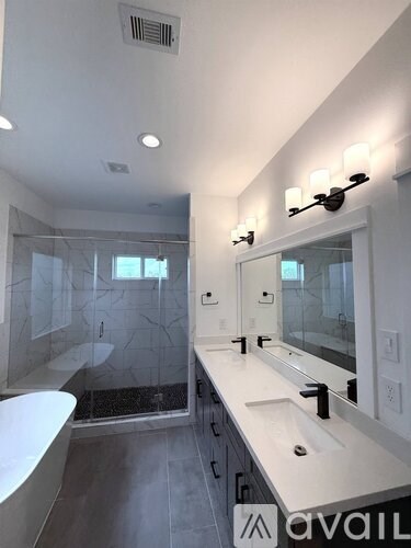 A modern bathroom with a walk-in shower and double sinks.