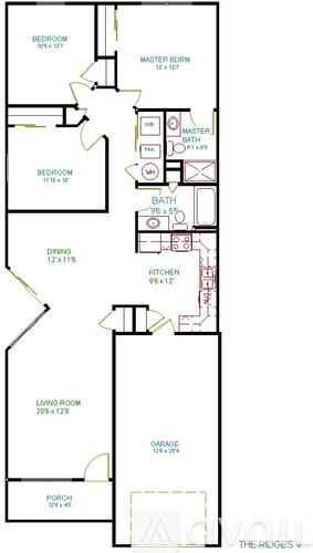 A floor plan of a house with labeled rooms such as Bedroom, Bath, Kitchen, Living Room, Garage, and Porch.