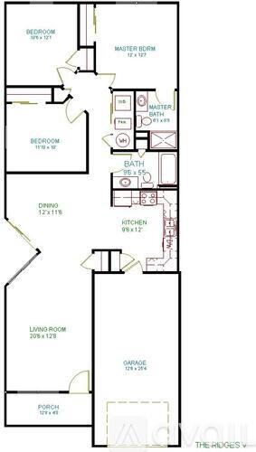A floor plan of a house with labeled rooms such as Bedroom, Bath, Kitchen, Living Room, Garage, and Porch.
