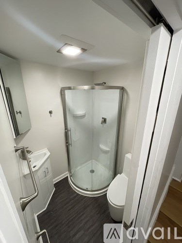 A bathroom with a walk in shower and a toilet.