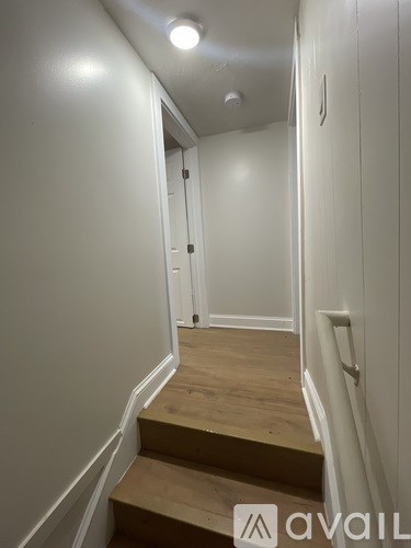 A hallway with wooden steps leading to a door.