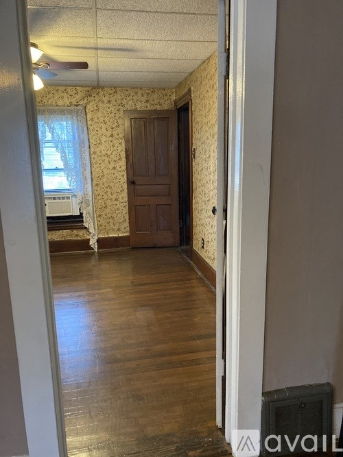 A room with a wooden floor and a brown door.