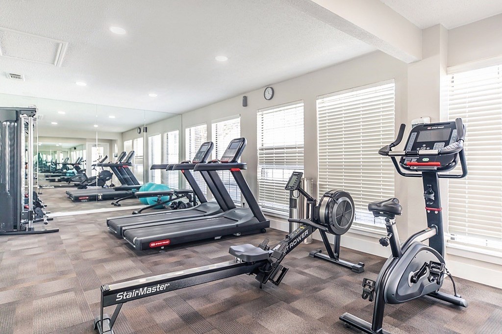 A gym with treadmills, elliptical machines, and a weight machine.