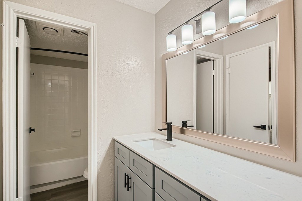 A bathroom with a white counter and a large mirror.
