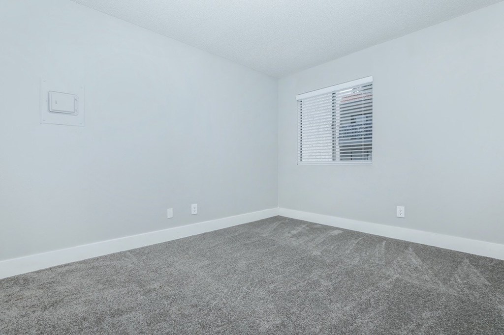 A room with a carpeted floor and a window with blinds.