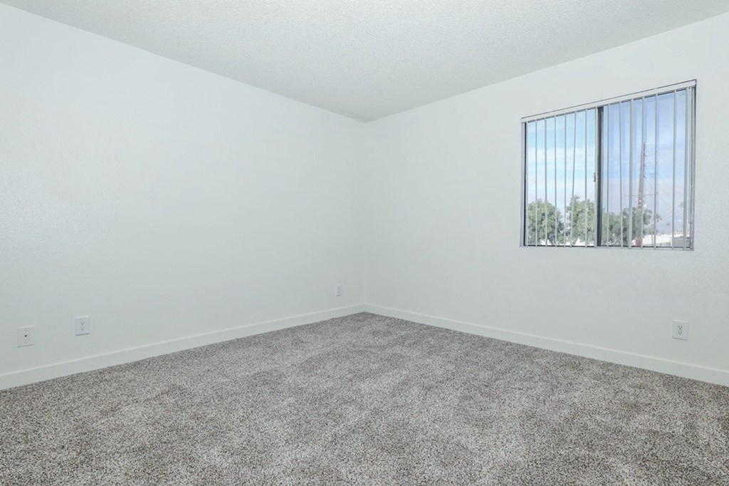 A room with a carpeted floor and a window with blinds.